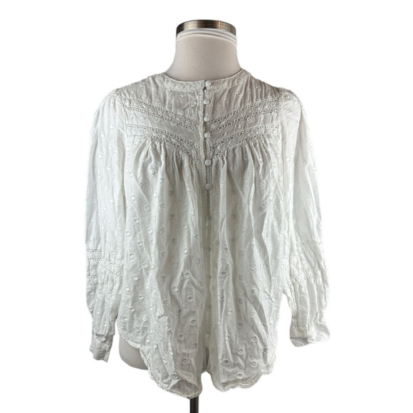 Torrid Cotton Clip Dot Collarless Lace Trim Long Sleeve Top White Plus Size 1 1X - Picture 2 of 9